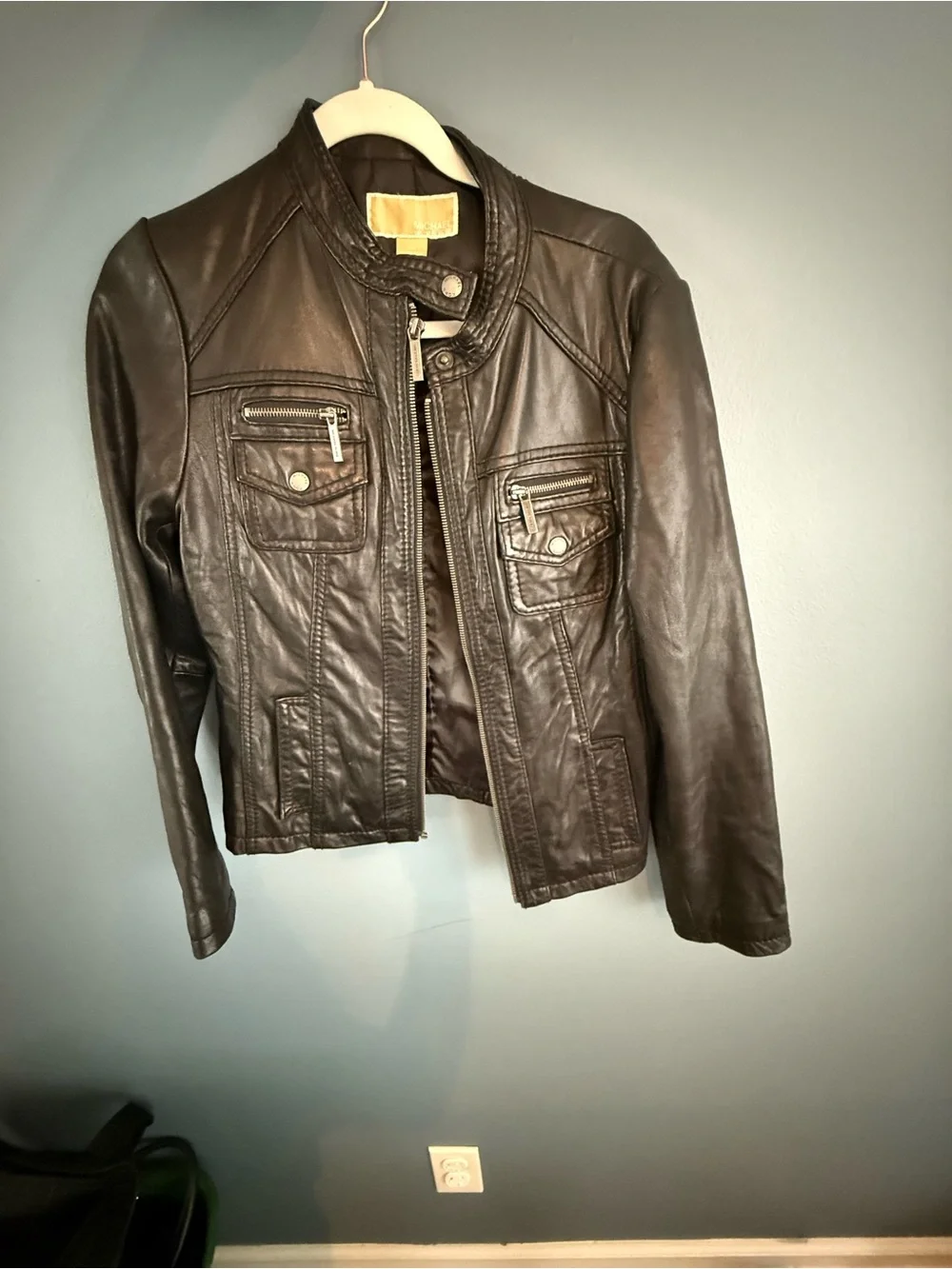 Michael Kors Black Leather Moto Jacket with Silver Hardware